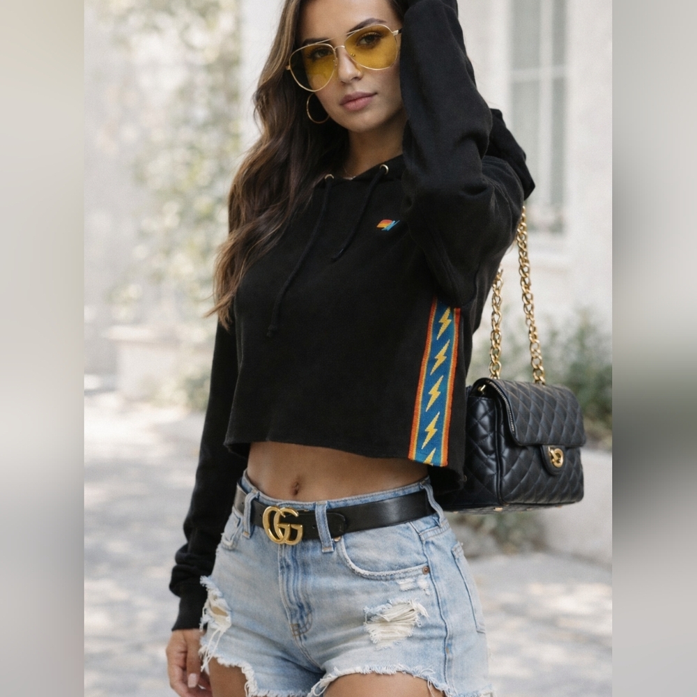 Aviator Nation Bolt Cropped Hoodie Blue Collection XS